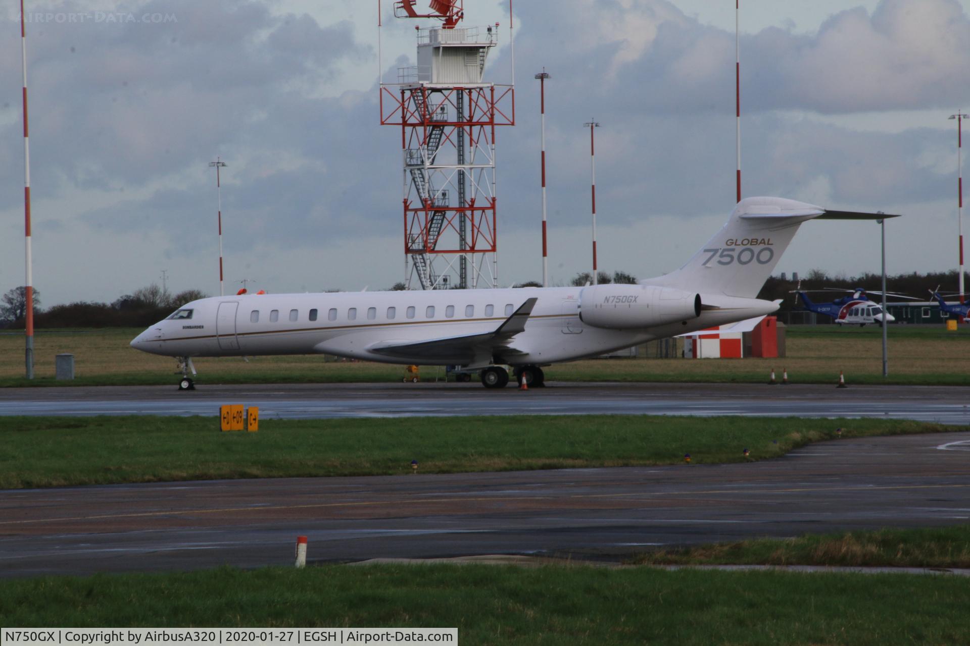 N750GX, 2017 Bombardier BD-700-2A12 Global 7500 C/N 70006, Parked on stand 7 at Norwich