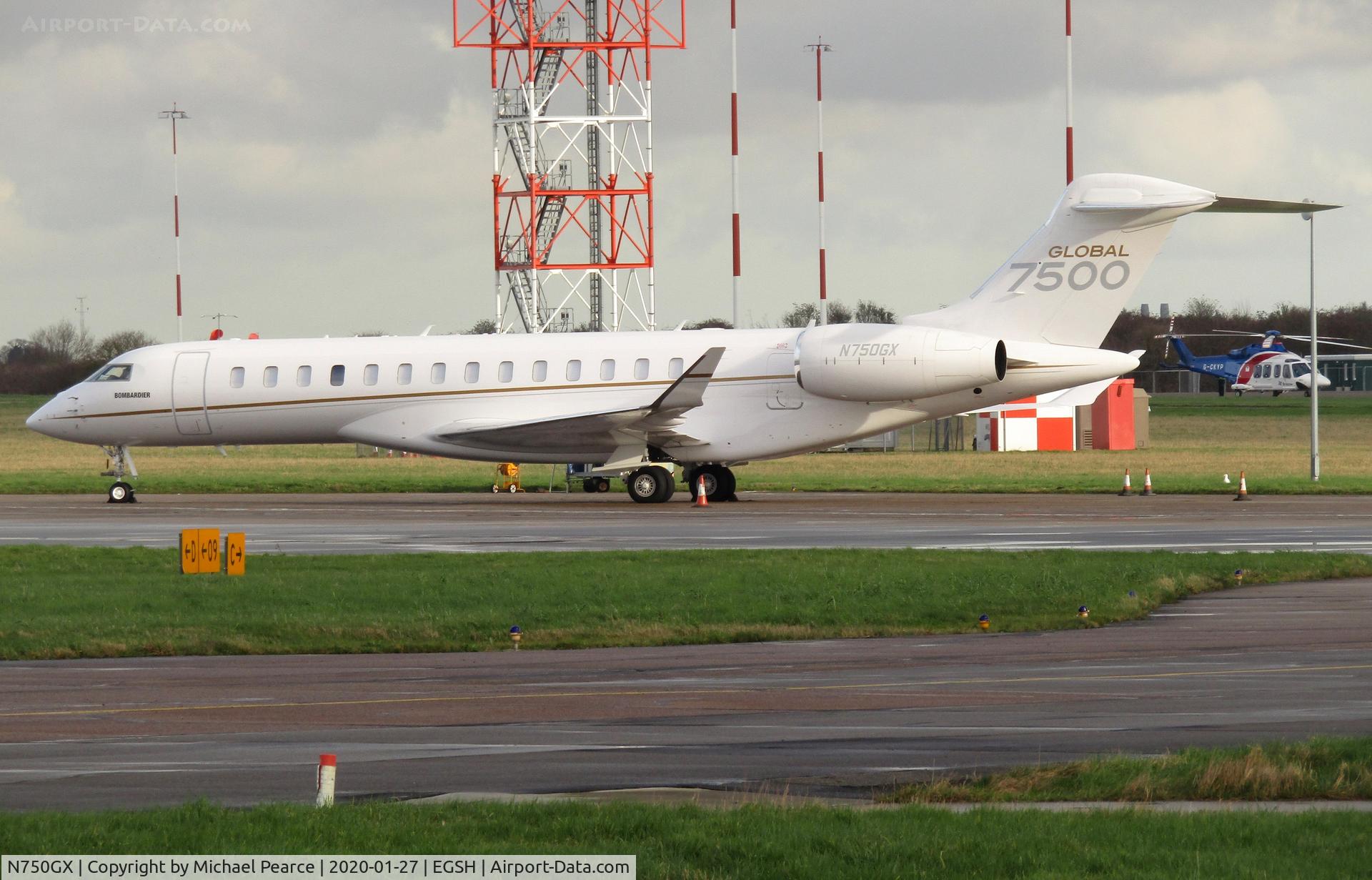 N750GX, 2017 Bombardier BD-700-2A12 Global 7500 C/N 70006, Parked on Stand 7 following arrival from Southend (SEN). Previously registered C-FXAI, the first production Global 7500 and now used as a demonstrator. Later departed to Green Bay (GRB).