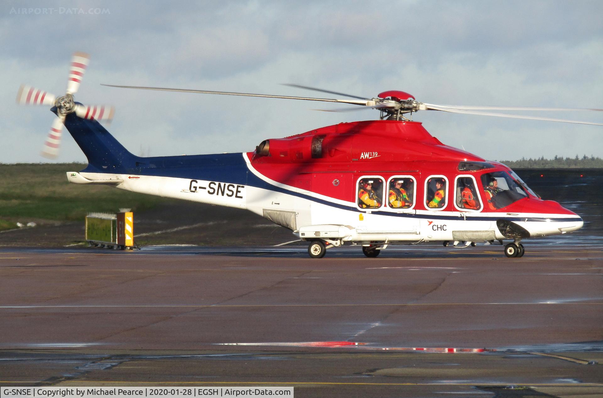 G-SNSE, 2014 AgustaWestland AW-139 C/N 31561, Departing the SaxonAir ramp for a North Sea gas platform.