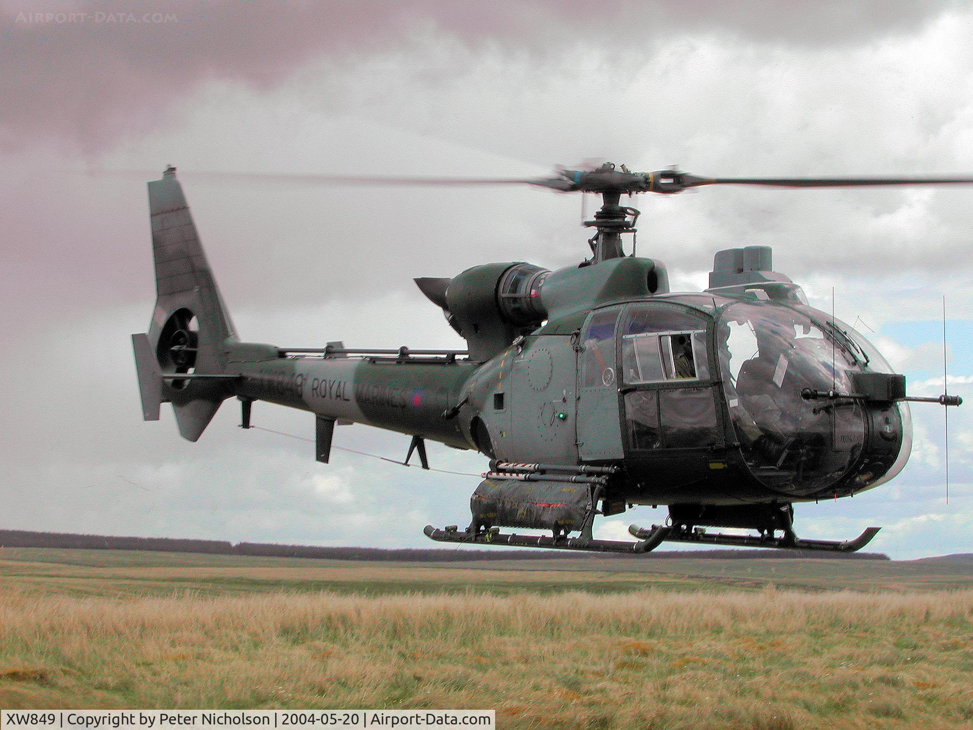 XW849, 1972 Westland SA-341B Gazelle AH1 C/N WA1016, Gazelle AH.1, callsign Navy CG, of 847 Naval Air Squadron on a training mission in May 2004.