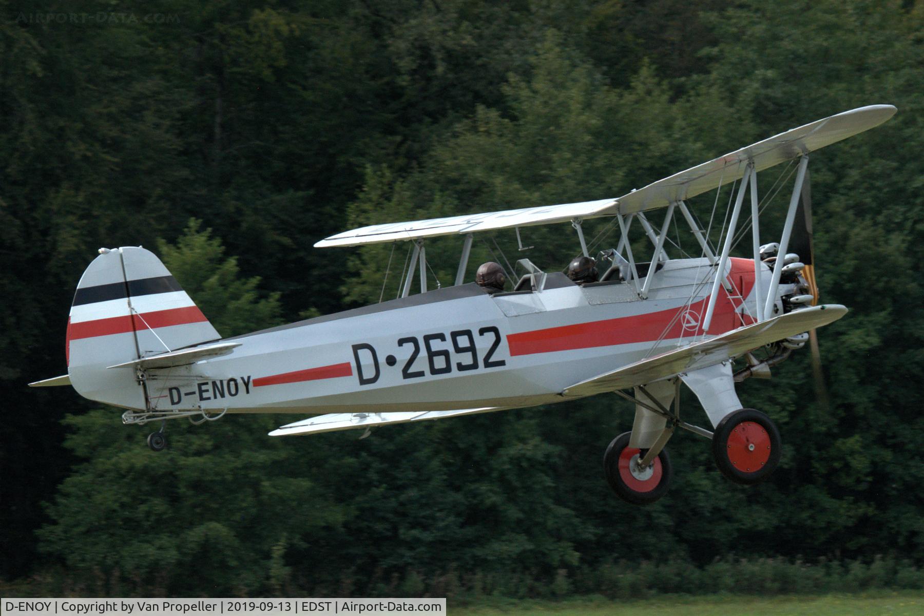 D-ENOY, 1937 Focke-Wulf Fw 44J Stieglitz C/N 133, Focke-Wulf Fw 44J Stieglitz landing at Hahnweide airfield, Germany. OTT 2019