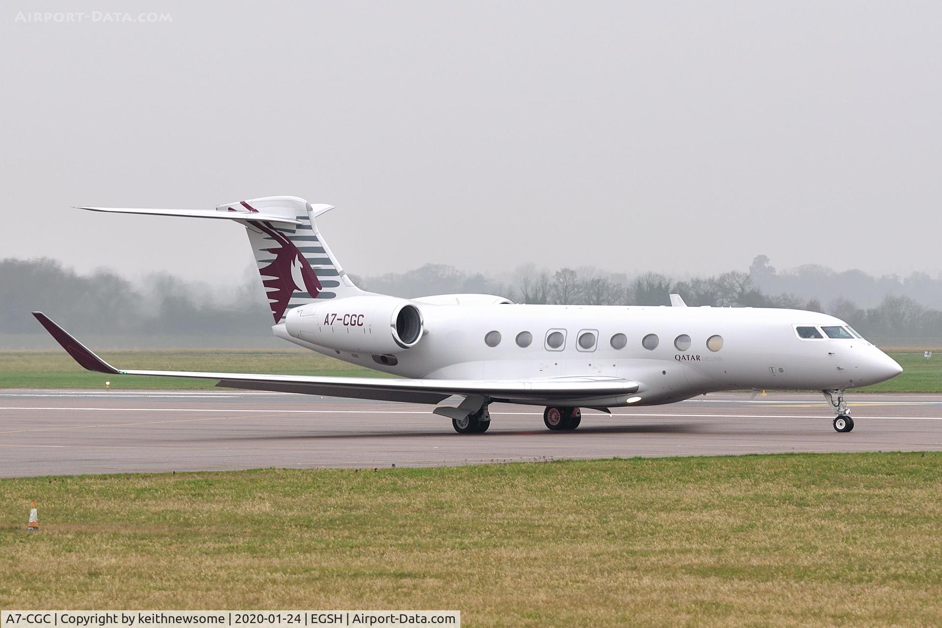 A7-CGC, 2015 Gulfstream G-VI (G650ER) C/N 6179, Leaving Norwich.