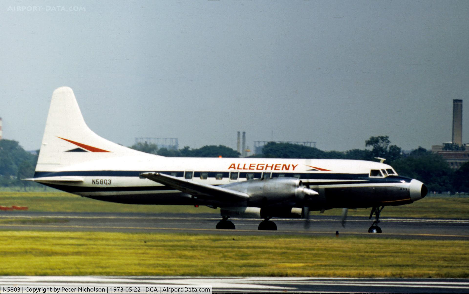 N5803, 1953 Convair CV-580 C/N 110, Convair 580 of Allegheny Airlines seen at what was then known as National Airport at Washington DC in the Summer of 1973.