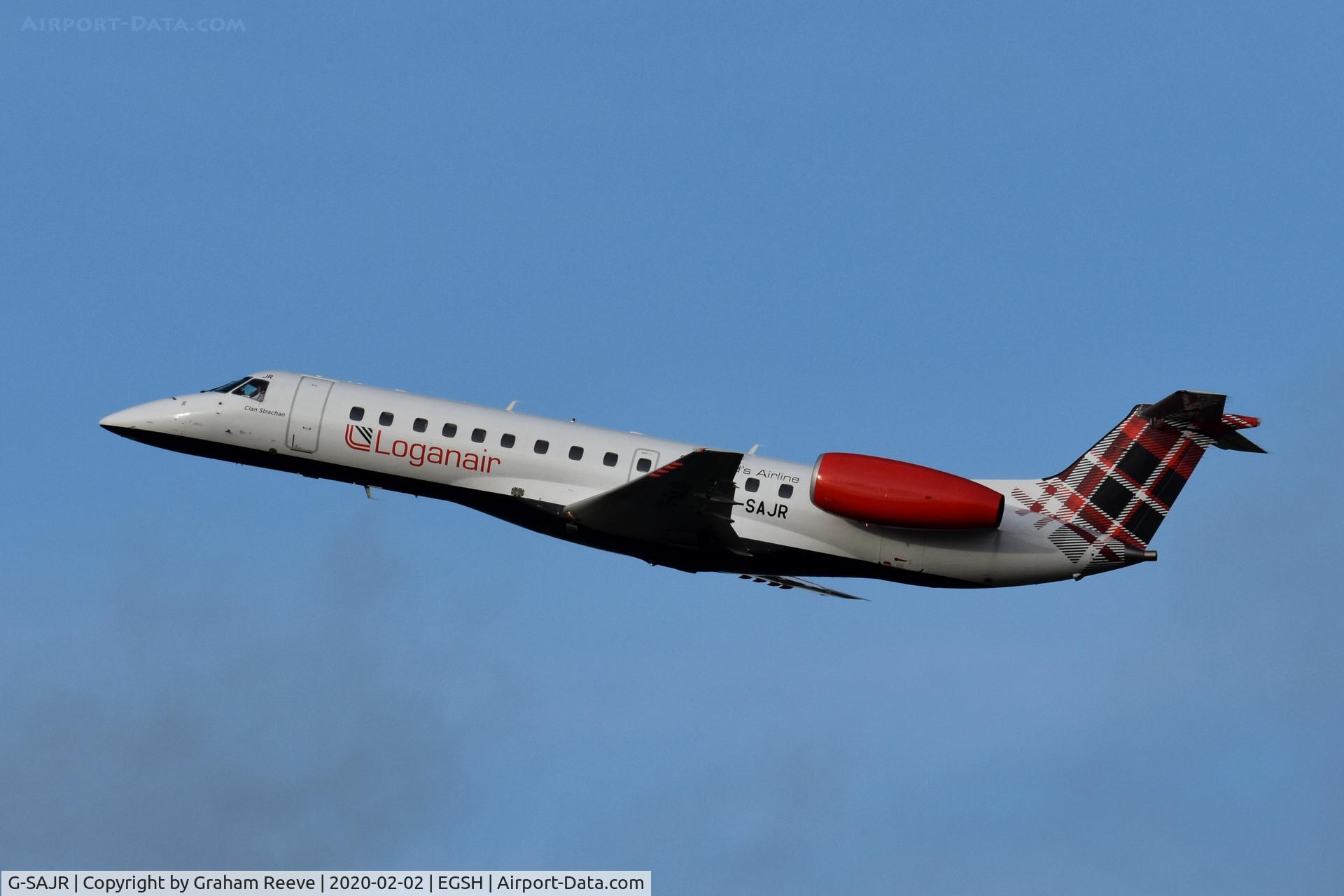 G-SAJR, 2001 Embraer ERJ-135ER (EMB-135ER) C/N 145431, Departing from Norwich.