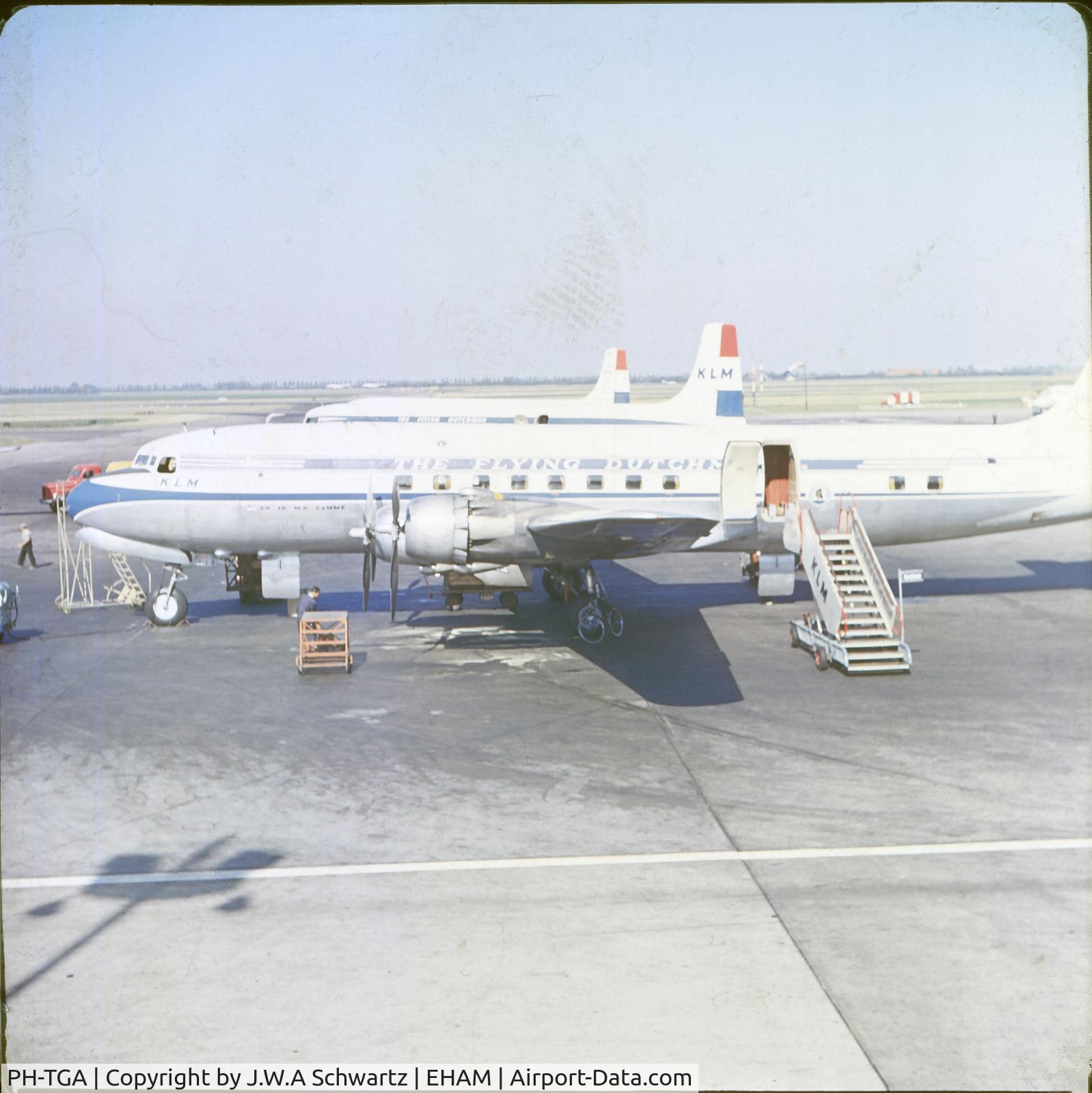 PH-TGA, 1952 Douglas DC-6B C/N 44076, Plane DC6b, registration PH-TGA The plane was named Dr Ir M.R Damme.
This photo was taken late 1959. Most likely prior for departure to Tehran.