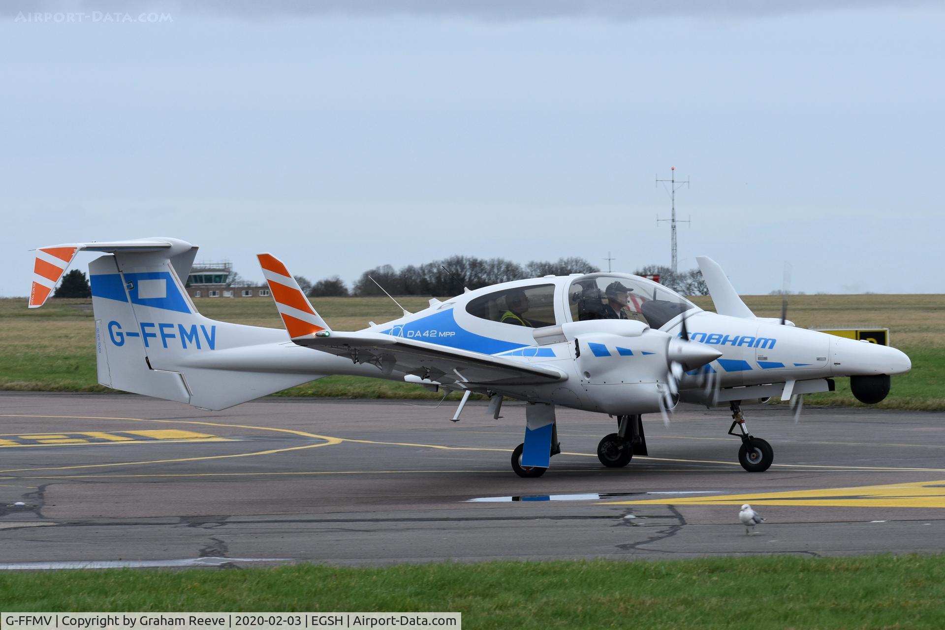 G-FFMV, 2013 Diamond DA-42NG Twin Star C/N 42.MN029, Departing from Norwich.