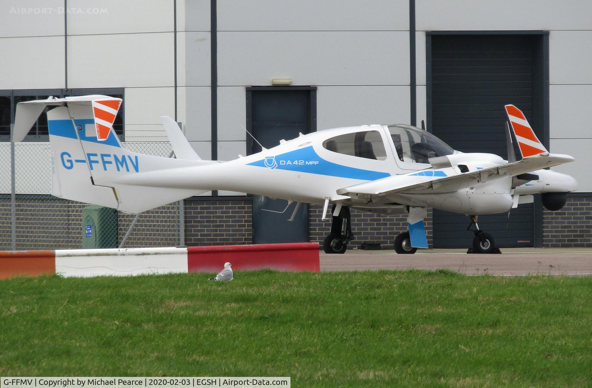 G-FFMV, 2013 Diamond DA-42NG Twin Star C/N 42.MN029, Parked on the SaxonAir ramp for a quick refuel.