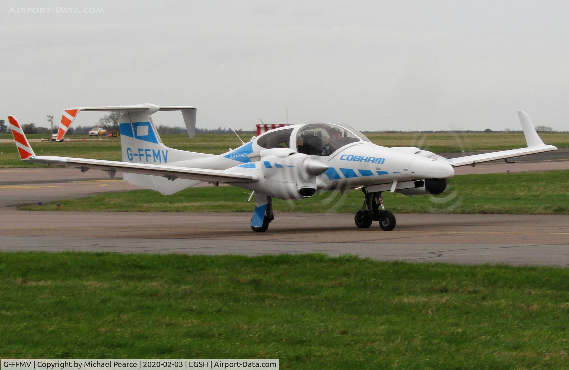 G-FFMV, 2013 Diamond DA-42NG Twin Star C/N 42.MN029, Departing SaxonAir after a quick refuel.