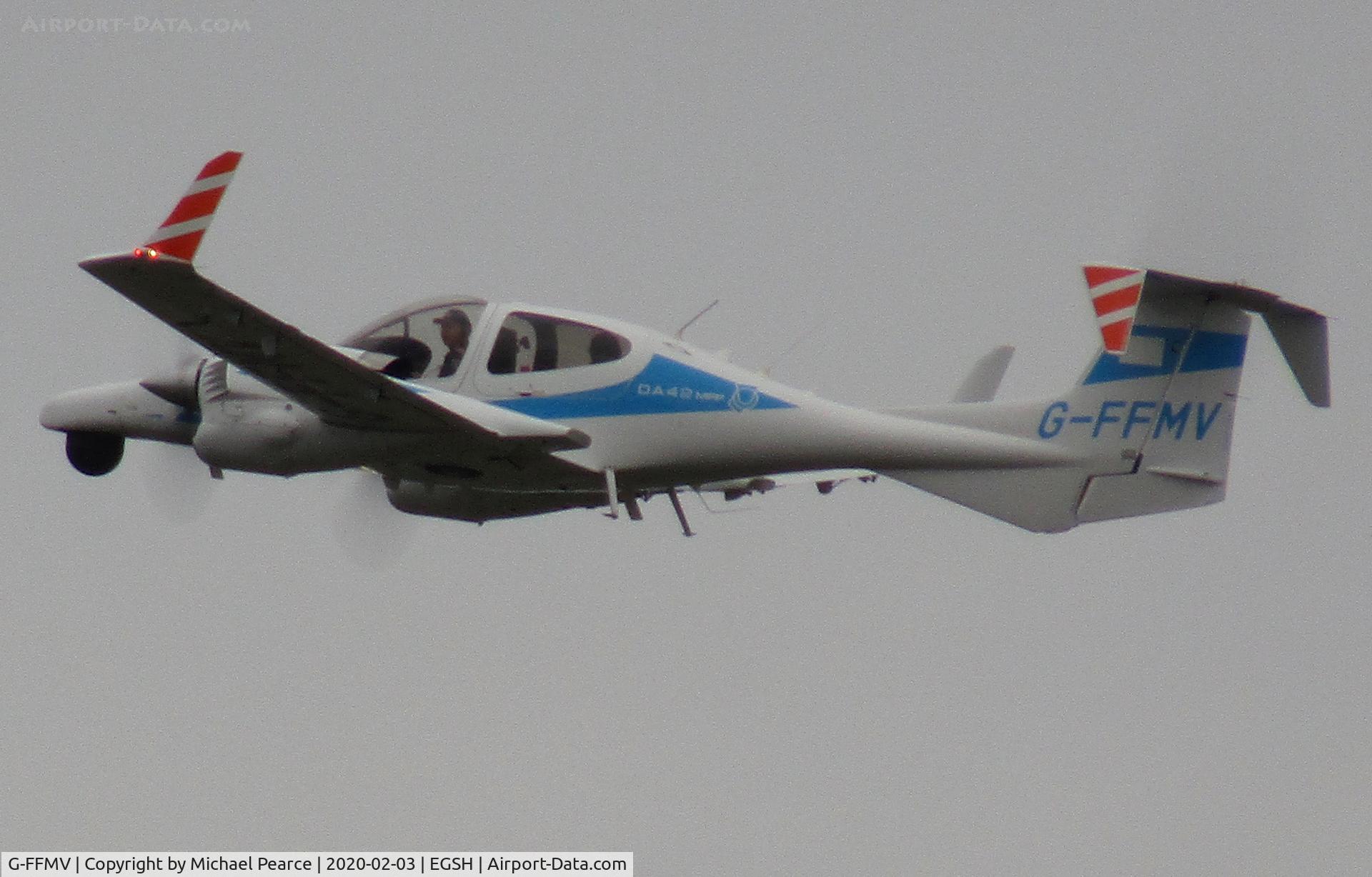 G-FFMV, 2013 Diamond DA-42NG Twin Star C/N 42.MN029, Departing RWY 27 following a quick refuel.