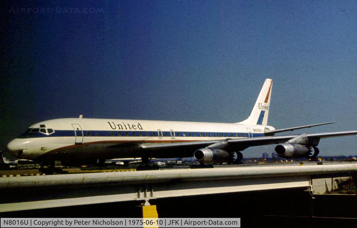 N8016U, 1959 Douglas DC-8-21 C/N 45590, DC-8-21 of United Airlines as seen at John F. Kennedy Airport, New York in the Summer of 1975.