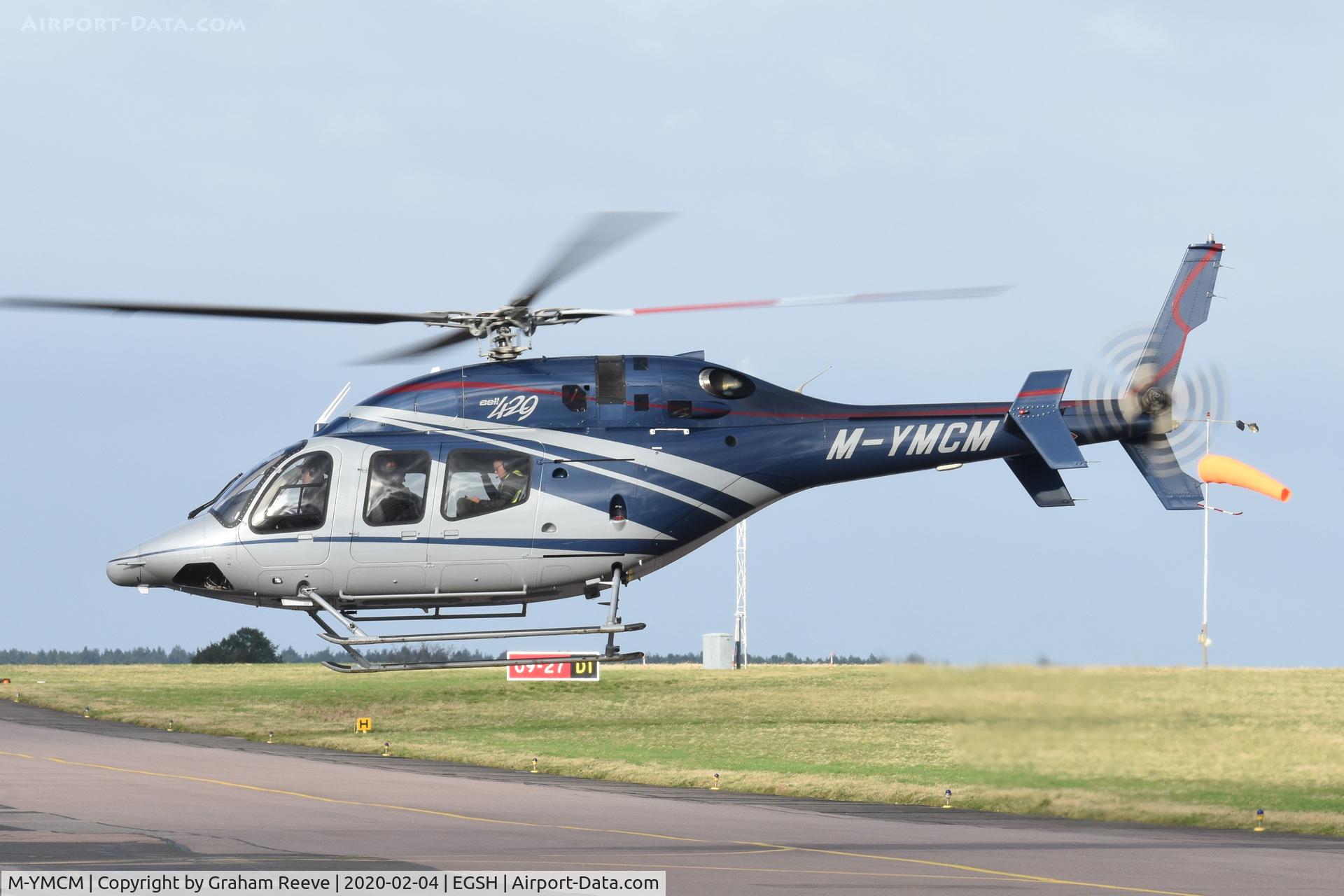 M-YMCM, 2012 Bell 429 GlobalRanger C/N 57107, Landing at Norwich.