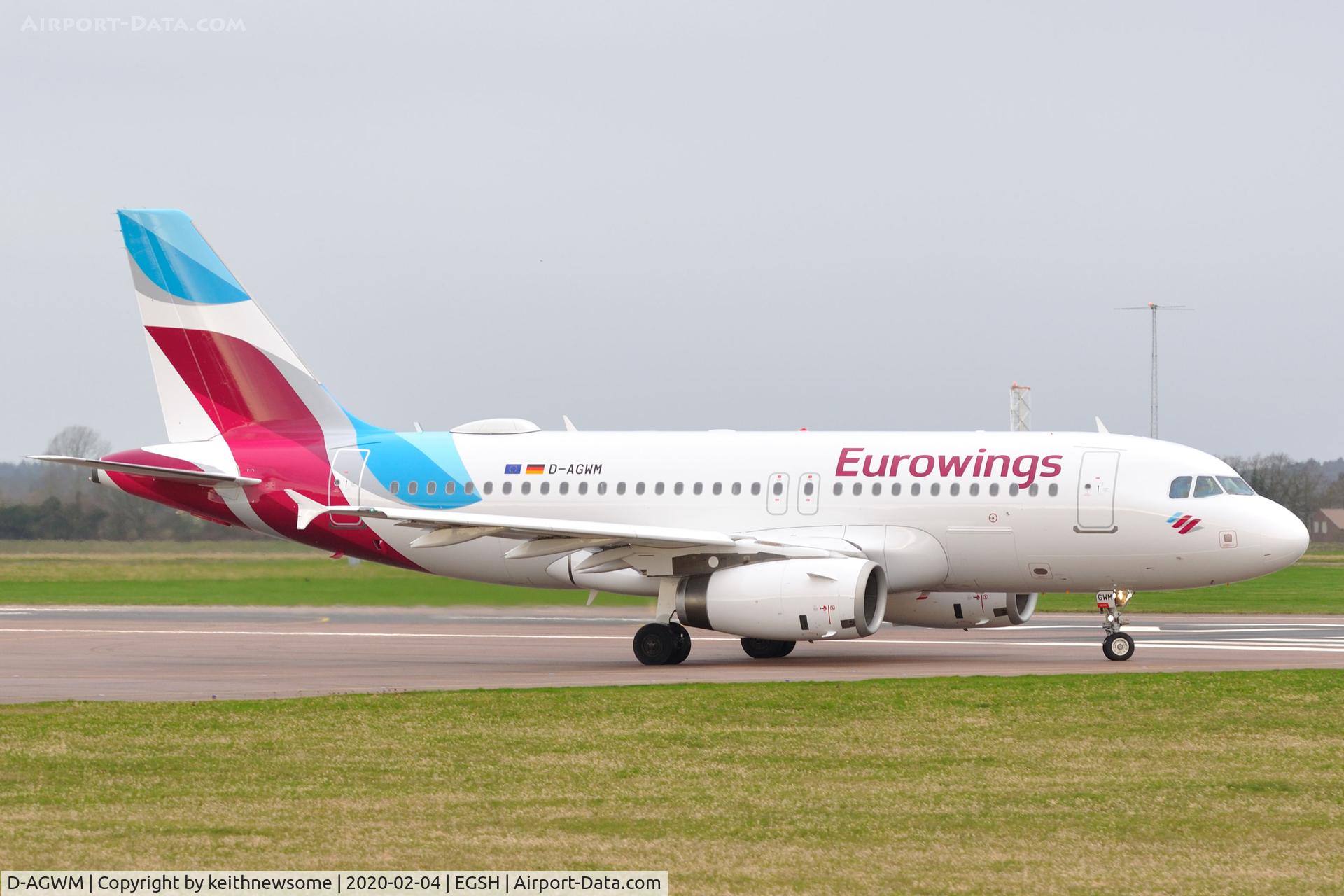 D-AGWM, 2009 Airbus A319-132 C/N 3839, Leaving Norwich for Cologne, following paintwork.