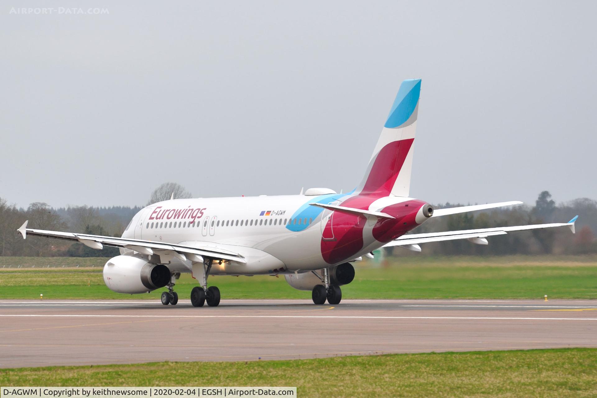 D-AGWM, 2009 Airbus A319-132 C/N 3839, Leaving Norwich for Cologne, following paintwork.