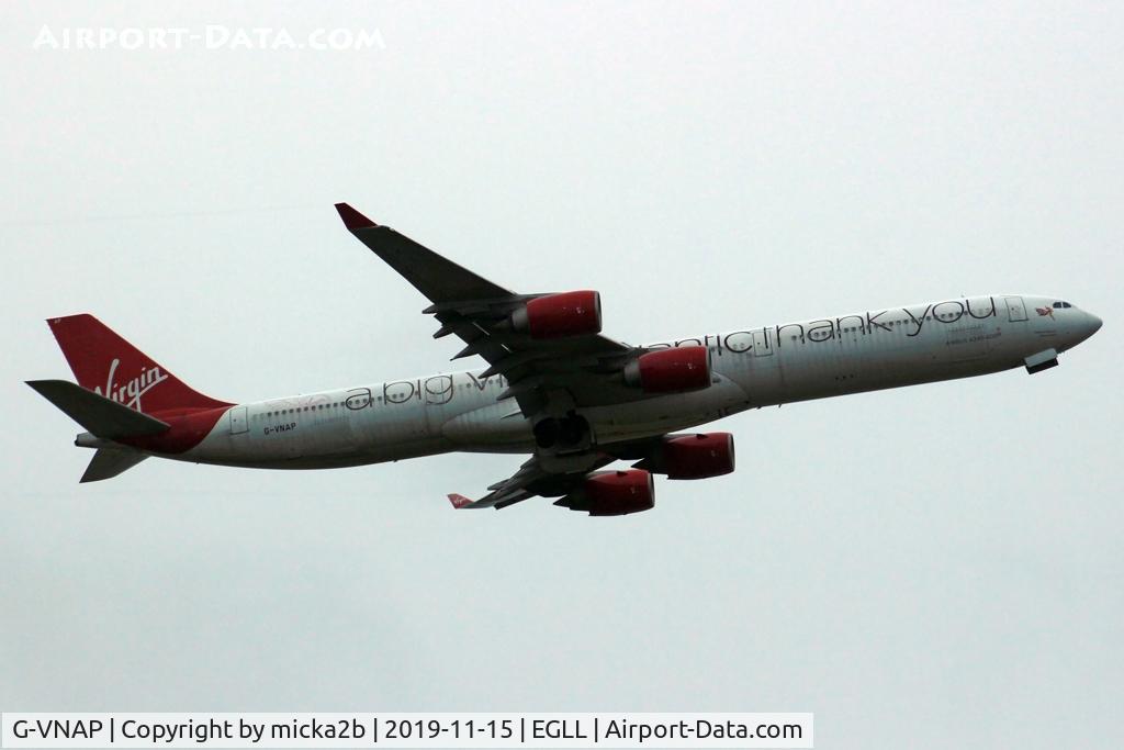 G-VNAP, 2005 Airbus A340-642 C/N 622, Take off with new colours.