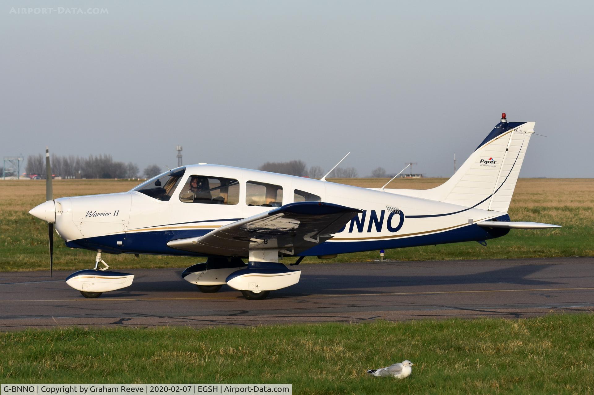 G-BNNO, 1981 Piper PA-28-161 Cherokee Warrior II C/N 28-8116099, Just landed at Norwich.
