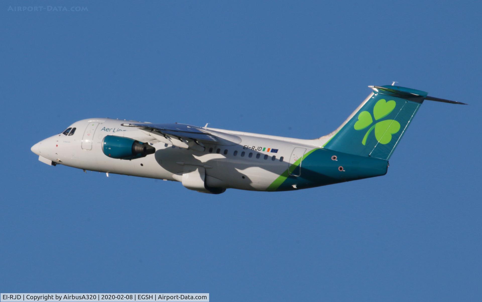 EI-RJD, 1998 BAE Systems Avro 146-RJ85 C/N E.2334, Departing Norwich after some work with KLM Engineering