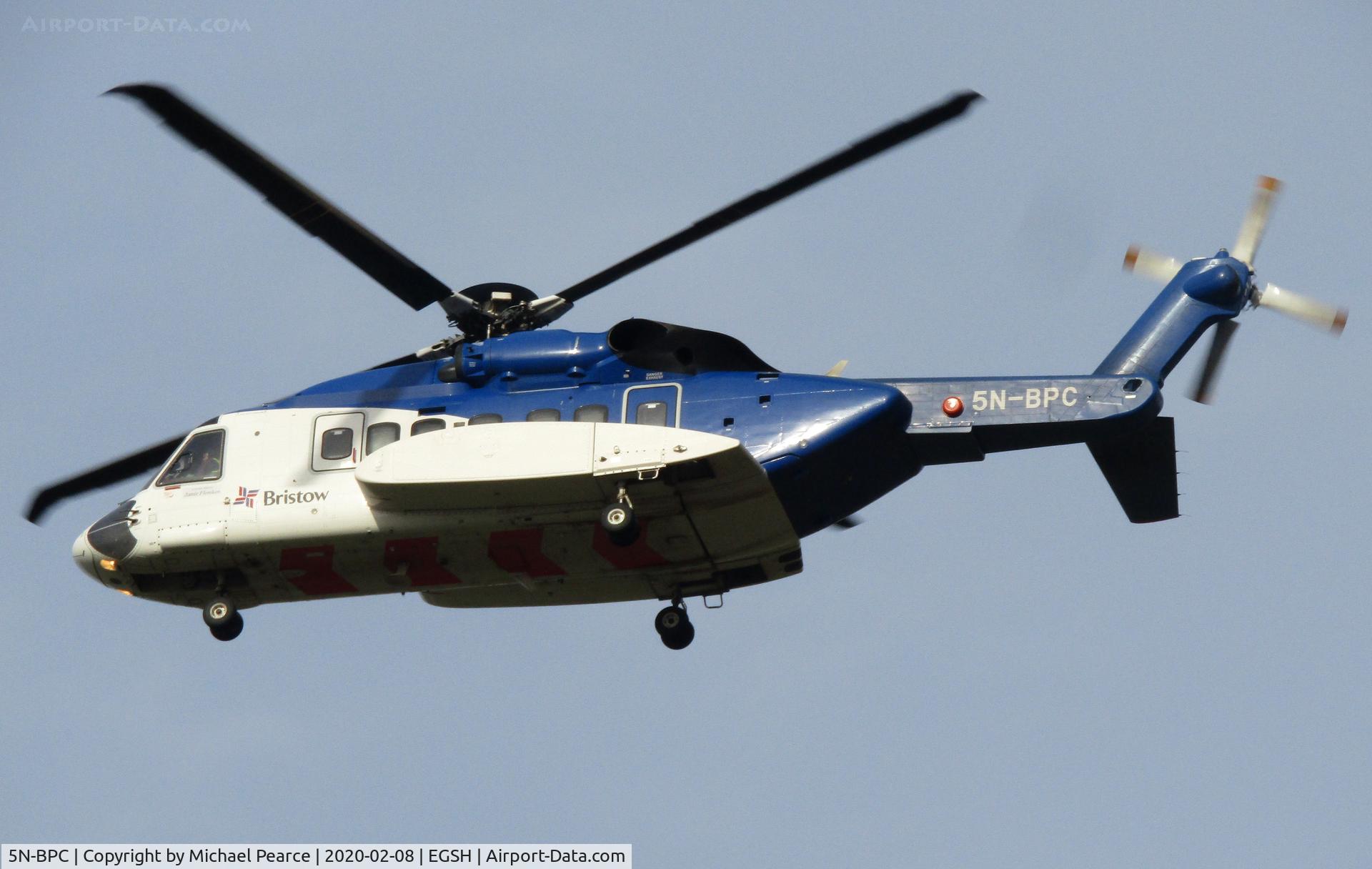 5N-BPC, 2013 Sikorsky S-92A C/N 920212, Arriving from Tours (TUF) for refuel, whilst on transfer from Nigeria to Aberdeen. Named 