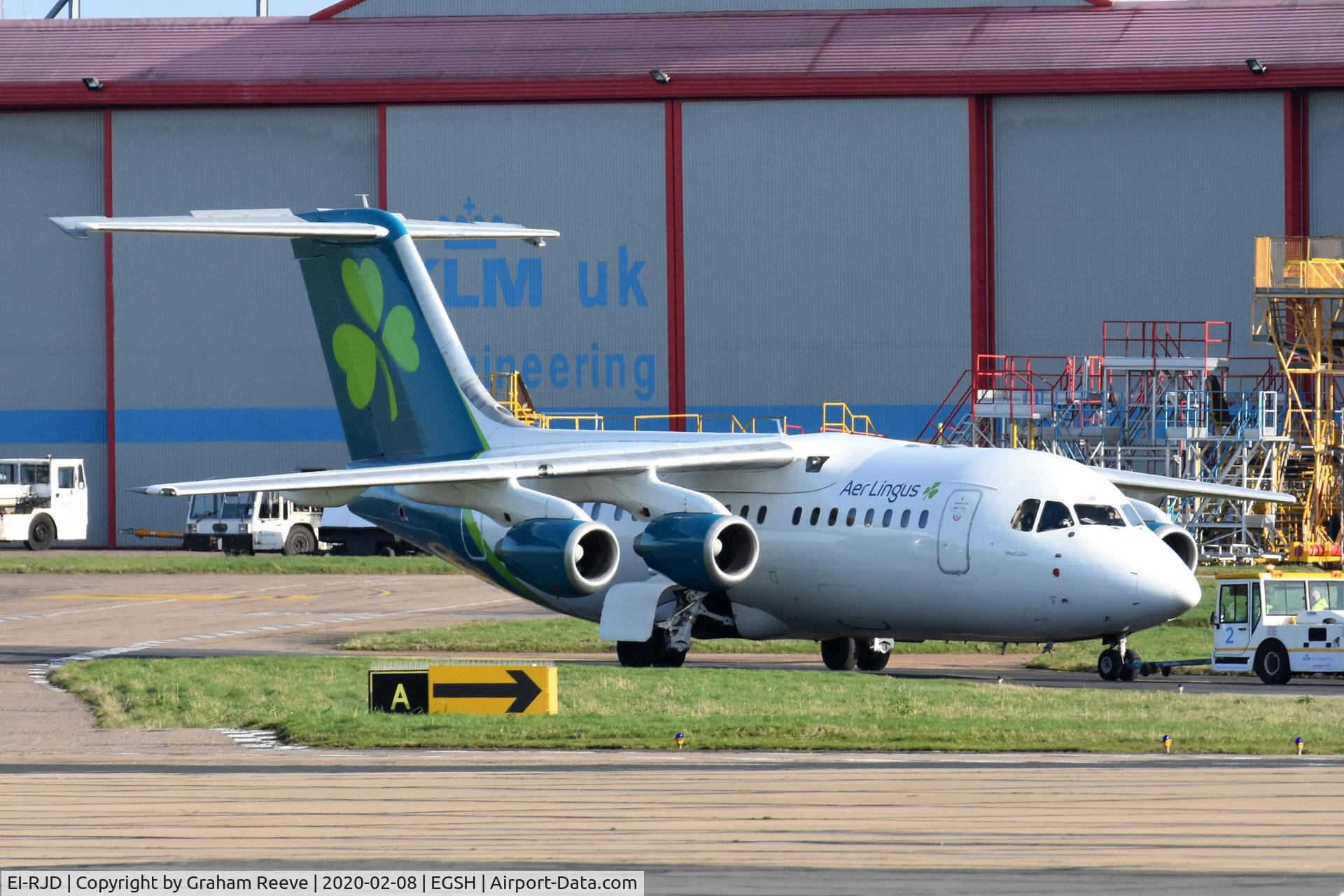 EI-RJD, 1998 BAE Systems Avro 146-RJ85 C/N E.2334, Under tow at Norwich.