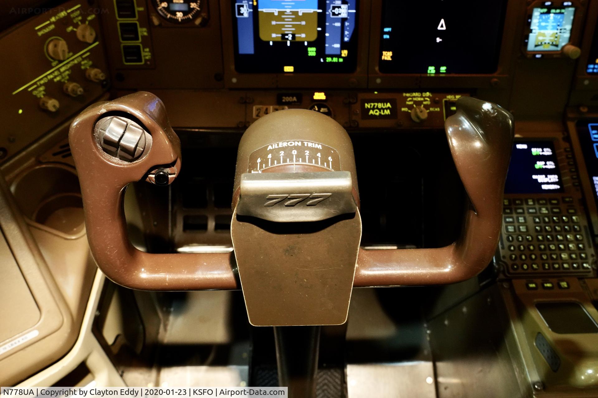 N778UA, 1996 Boeing 777-222 C/N 26940, Pilots control wheel. SFO. 2020.