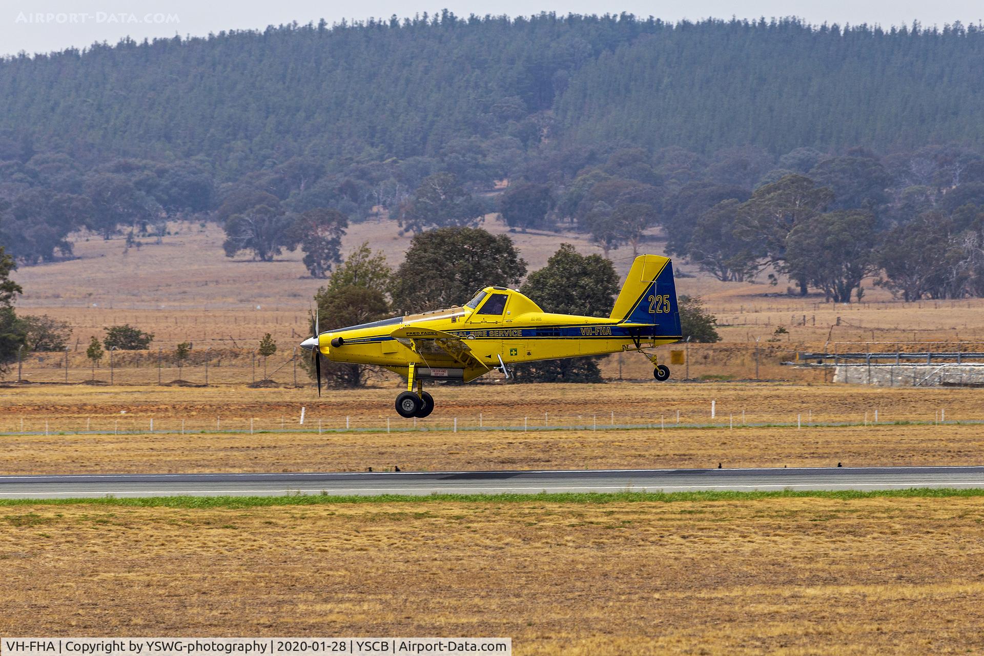 VH-FHA, 1996 Air Tractor Inc AT-602 C/N 602-0398, Fred Fahey Aerial Services (VH-FHA) Air Tractor AT-602 landing at Canberra Airport.