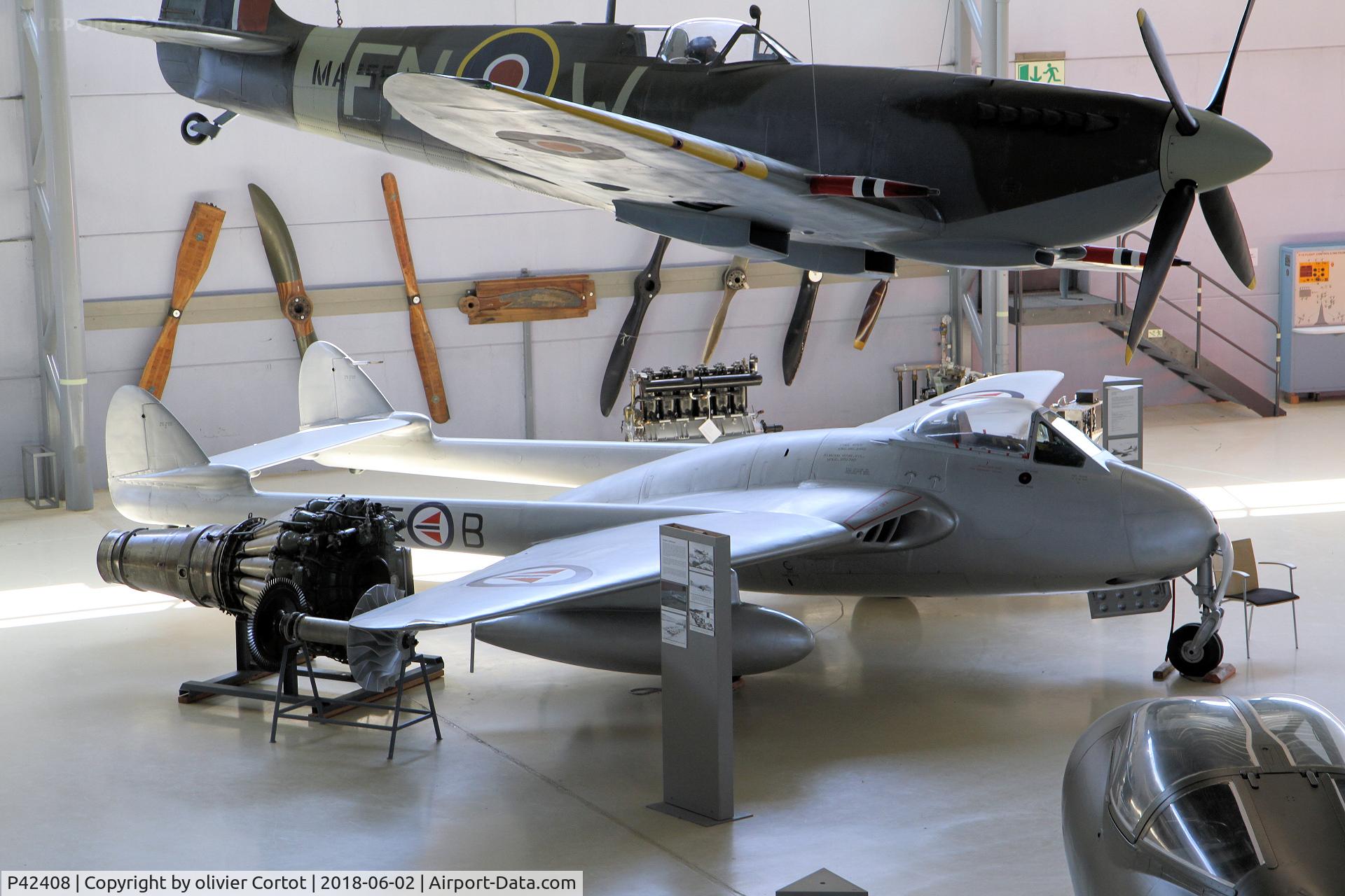 P42408, De Havilland DH-100 Vampire F.3 C/N EEP42408, the spitfire is a full scale model ;)