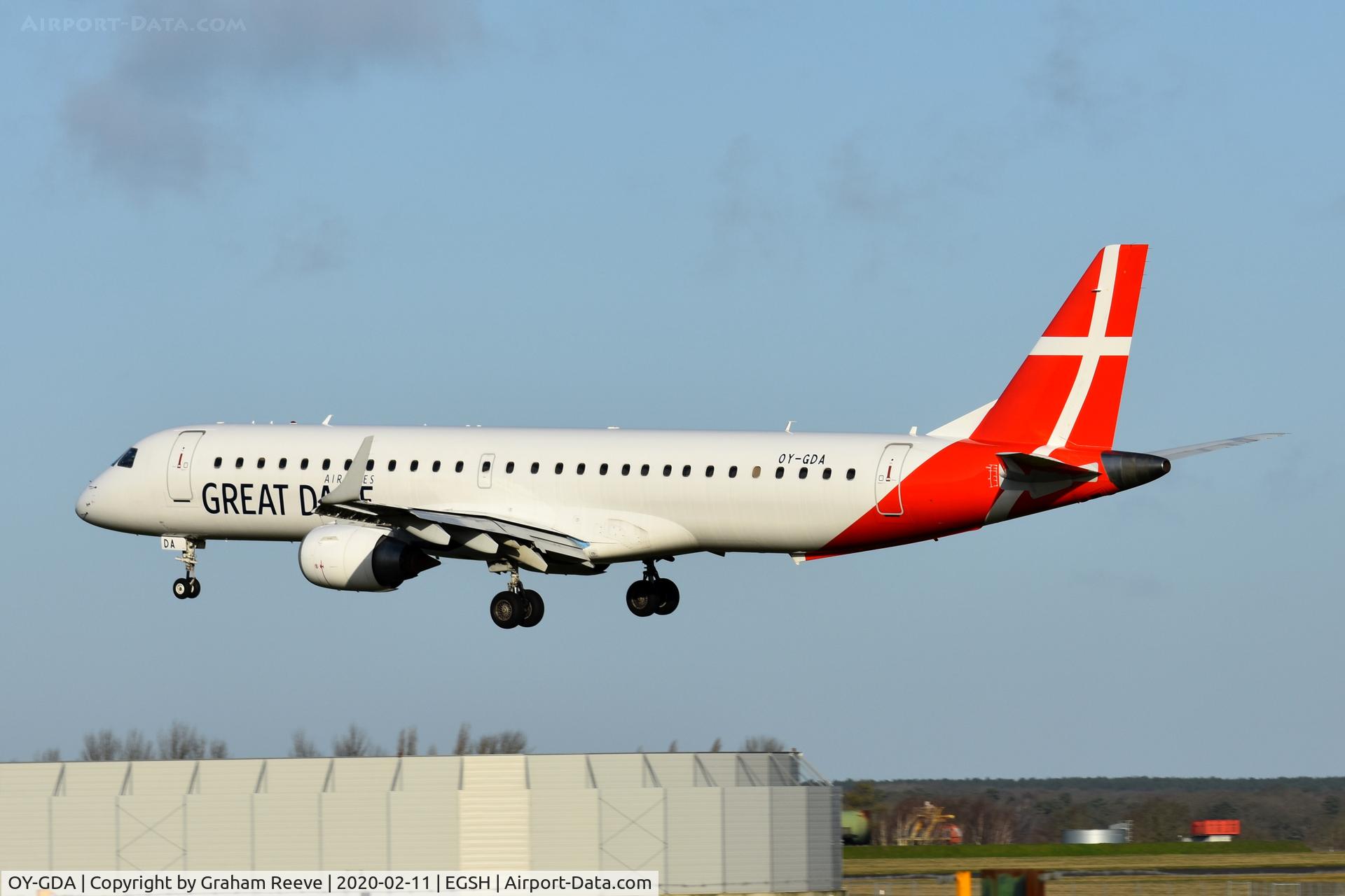 OY-GDA, 2008 Embraer 195LR (ERJ-190-200LR) C/N 19000213, Landing at Norwich.