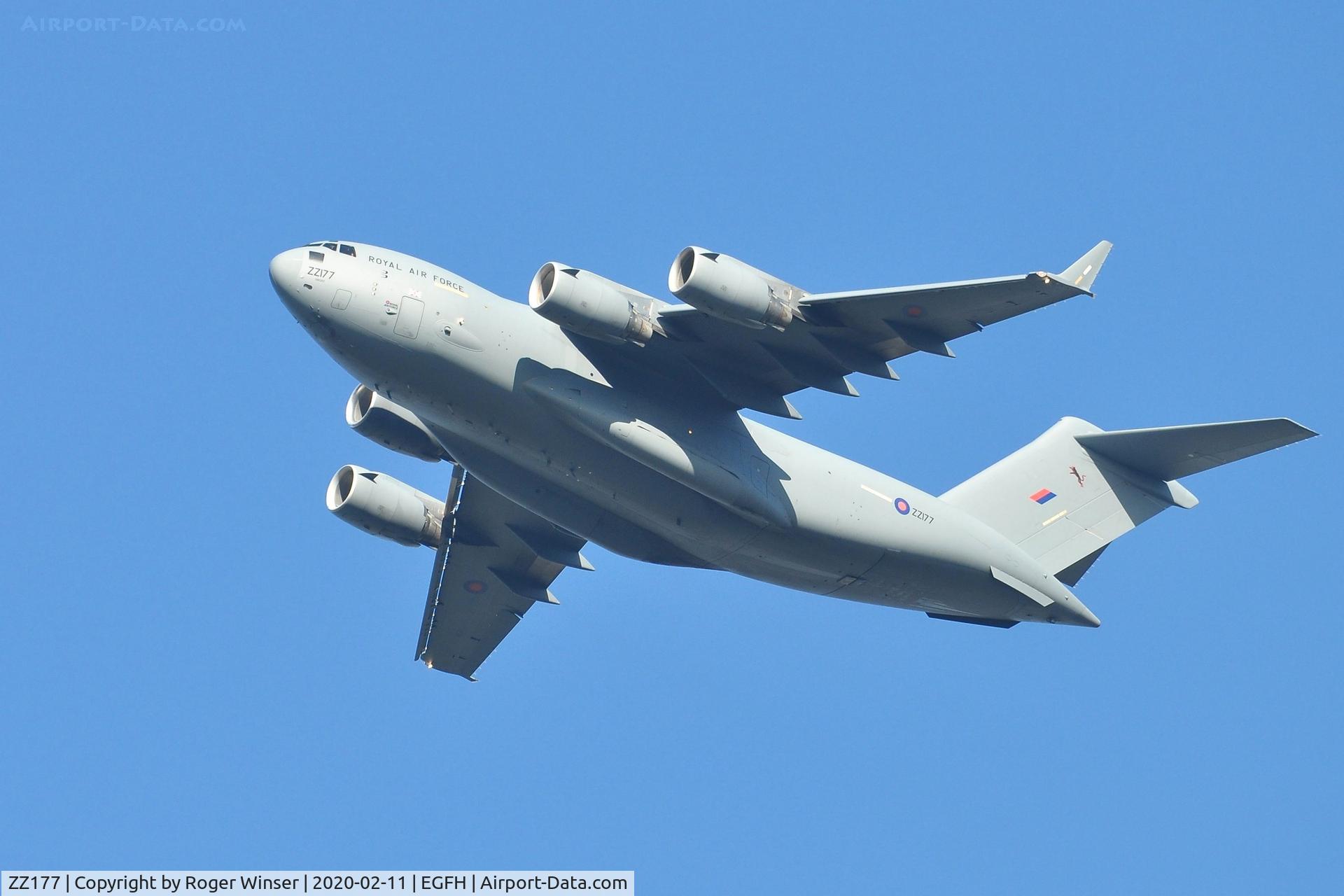 ZZ177, 2010 Boeing C-17A Globemaster III C/N F-227, C-17A aircraft coded 080207 of 99 Squadron RAF approaching Runway 22.