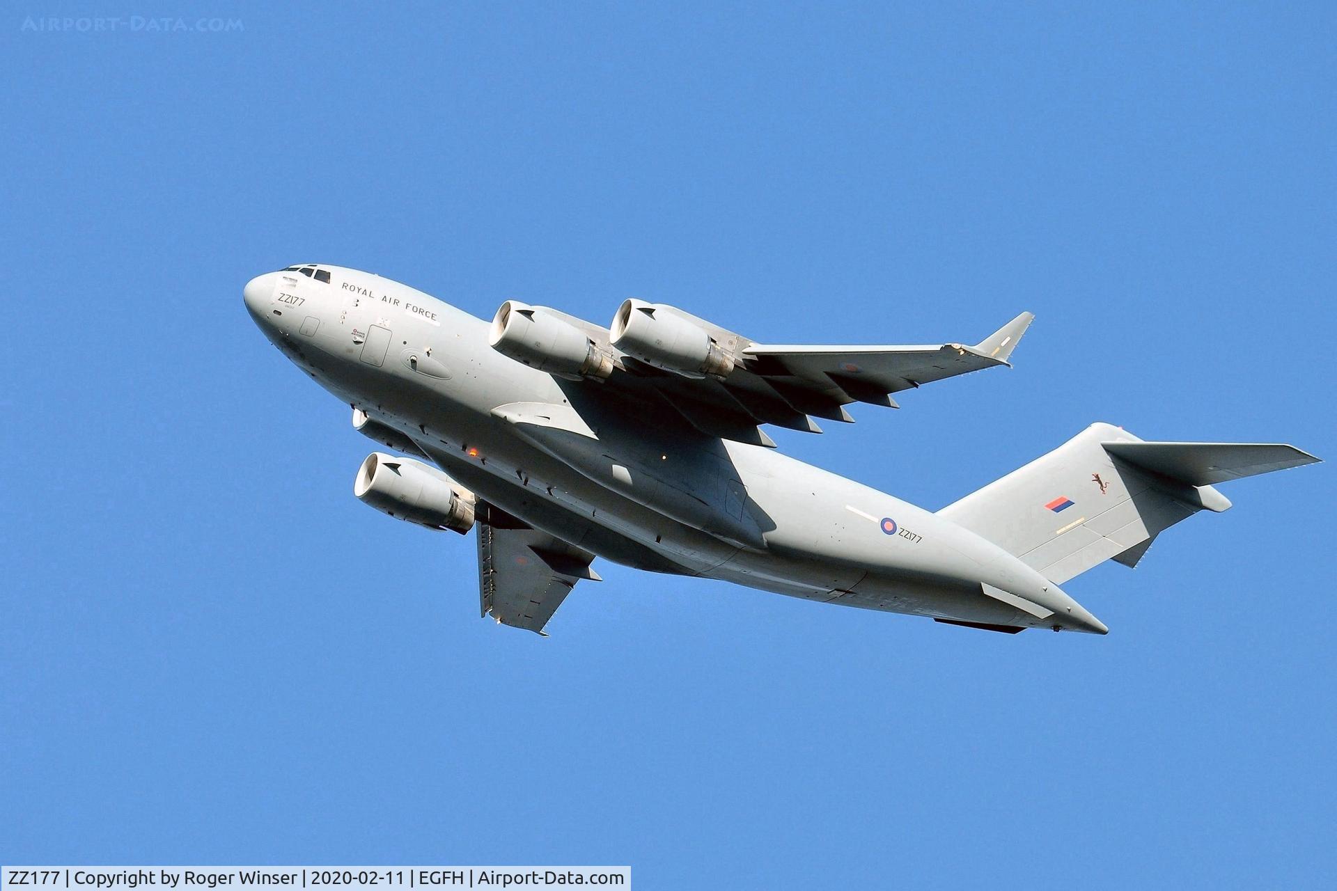 ZZ177, 2010 Boeing C-17A Globemaster III C/N F-227, C-17A aircraft coded 080207 of 99 Squadron RAF approaching Runway 22.