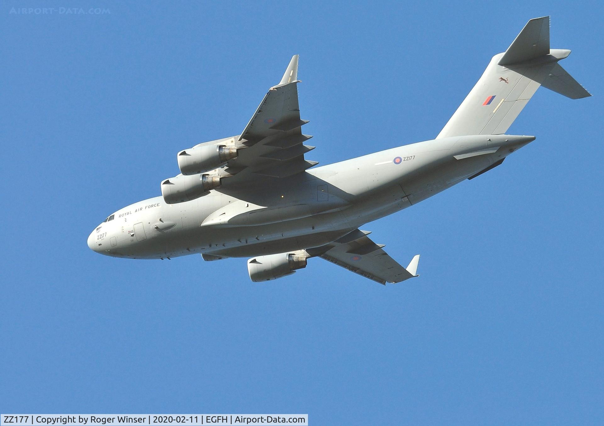 ZZ177, 2010 Boeing C-17A Globemaster III C/N F-227, C-17A aircraft coded 080207 of 99 Squadron RAF about to make a low pass over Runway 22.