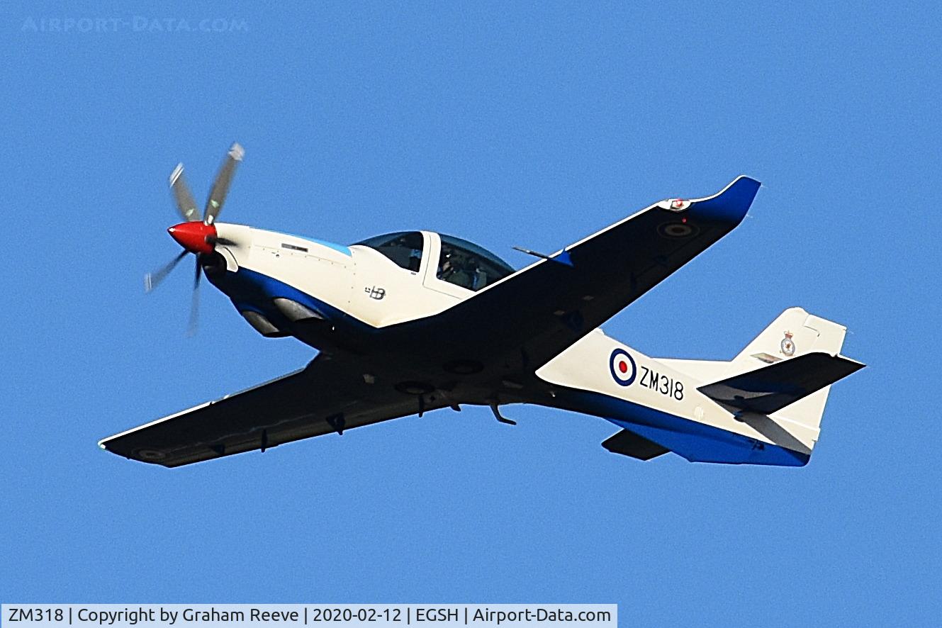ZM318, 2017 Grob G-120TP-A Prefect T.1 C/N 11143, Departing from Norwich.