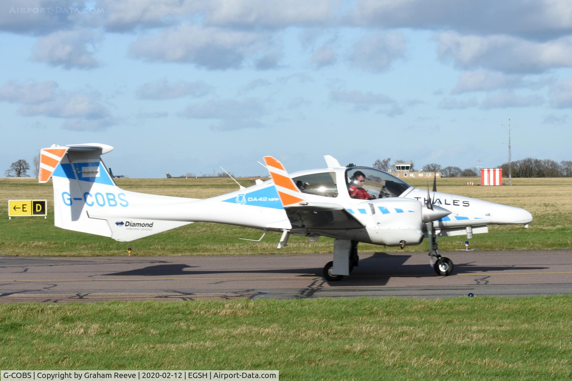 G-COBS, 2011 Diamond DA-42M-NG Twin Star C/N 42.MN020, Departing from Norwich.
