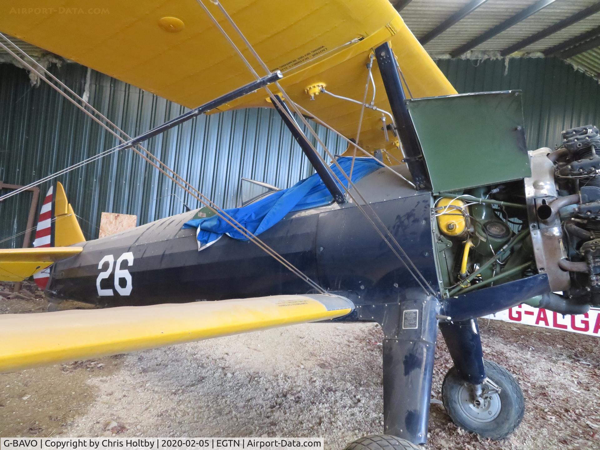 G-BAVO, 1945 Boeing PT-17 Kaydet (A75N1) C/N 3250-1405, 1945 Stearman hangared at Enstone, Oxon.