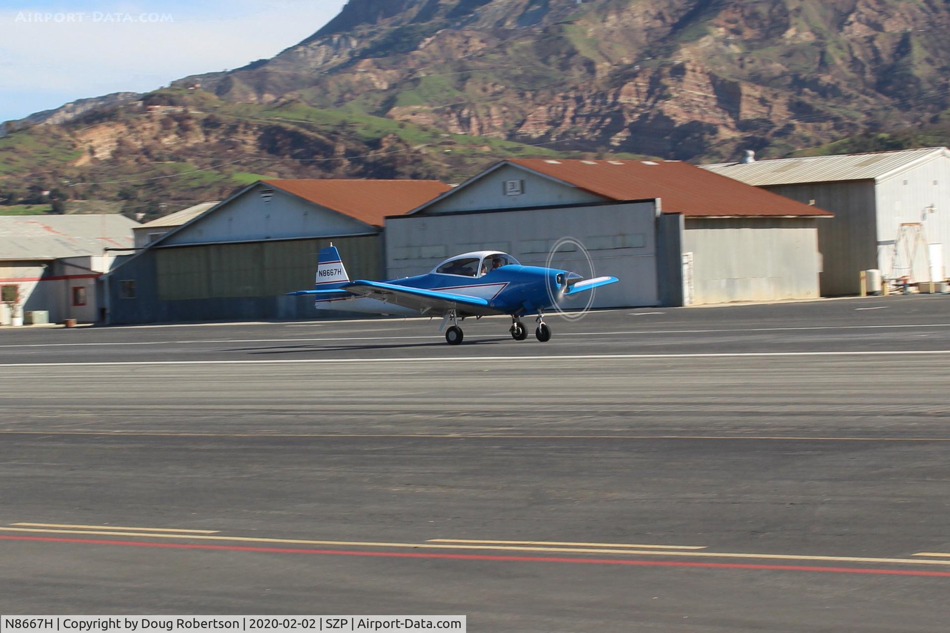 N8667H, 1947 North American Navion C/N NAV-4-667, 1947 North American NAVION, Continental IO-520 285 Hp upgrade, takeoff roll Rwy 22. Young Eagles flight.