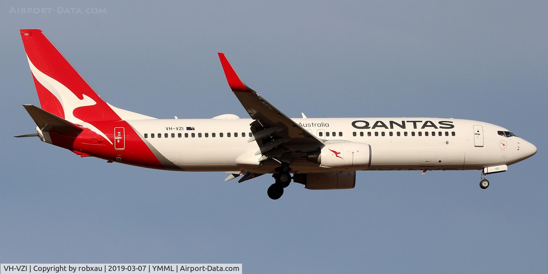 VH-VZI, 2011 Boeing 737-838 C/N 34203, On short final for runway 16 at Melbourne, Victoria, Australia. Now painted in the Qantas 
