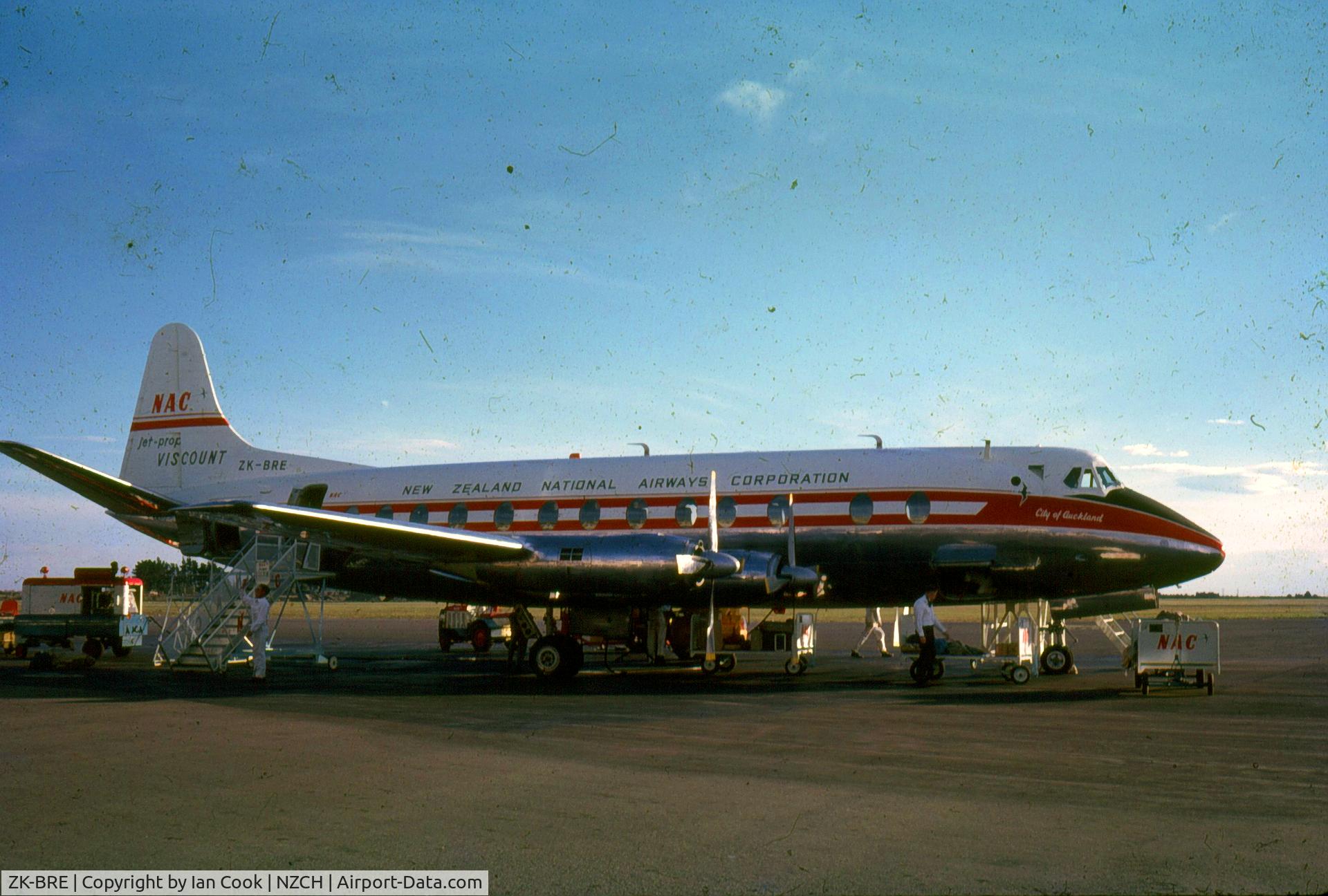 ZK-BRE, 1959 Vickers Viscount 807 C/N 282, On the ground at Christchurch, GPU connected and prepping for passenger embarkation.