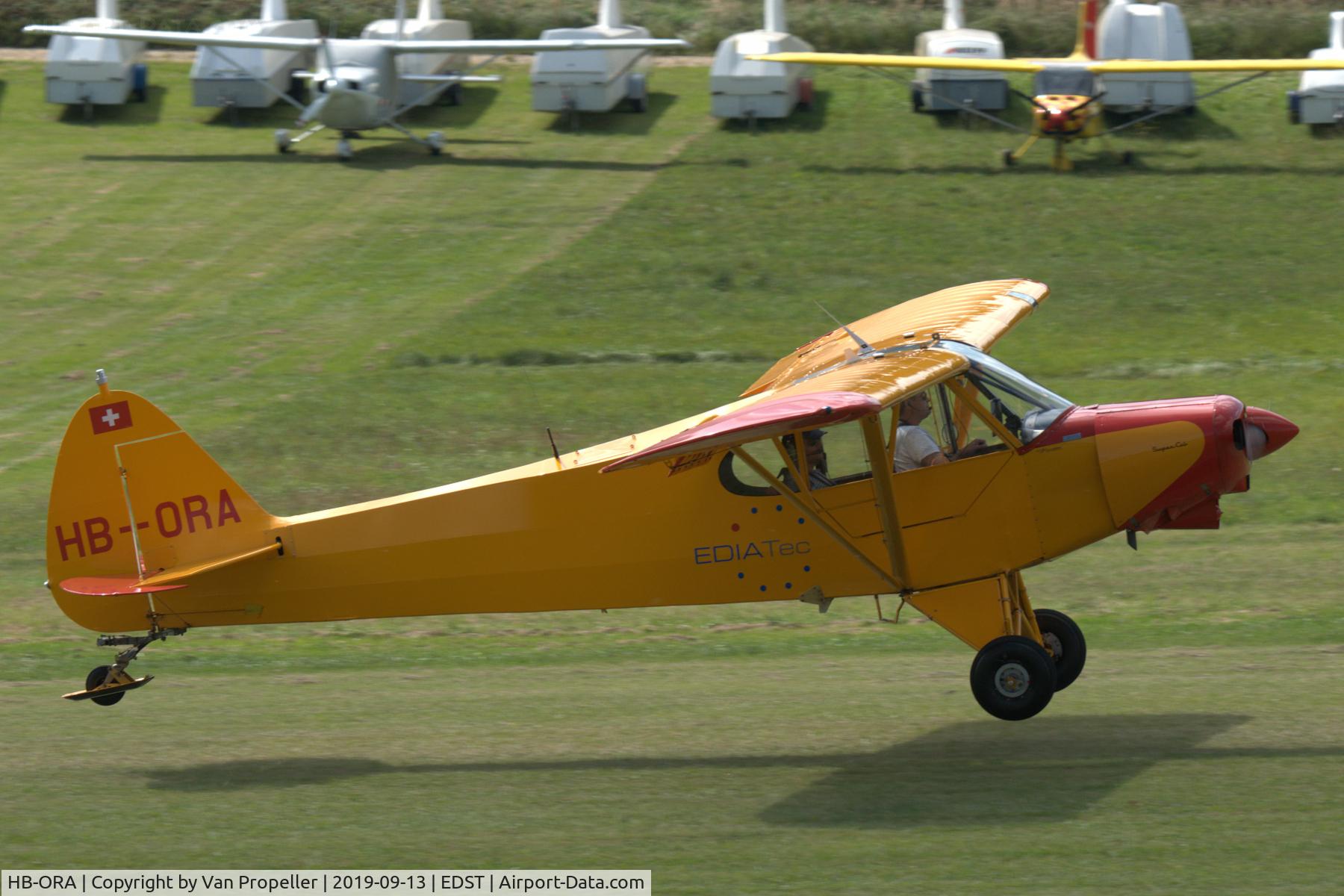 HB-ORA, 1959 Piper PA-18-150 Super Cub C/N 18-7049, Piper PA-18-150 Super Cub landing at Hahnweide airfield, Germany. OTT 2019