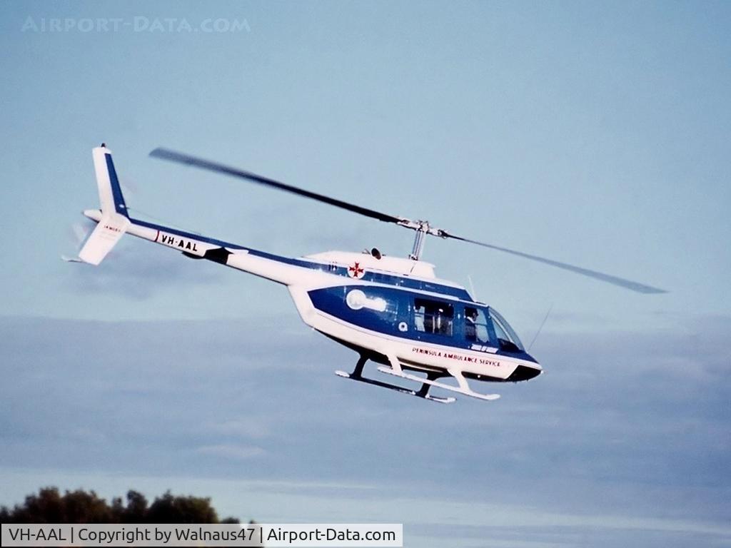 VH-AAL, 1970 Bell 206B C/N 606, Stbd side Departure - Vowell Air Services / Peninsula Ambulance Service Bell 206A VH-AAL Cn 606 (later upgraded to B206B Spec). Phillip Island (Race track) Feb 1971 - Angel of Mercy – PIARC Medevac standby. Low res image.