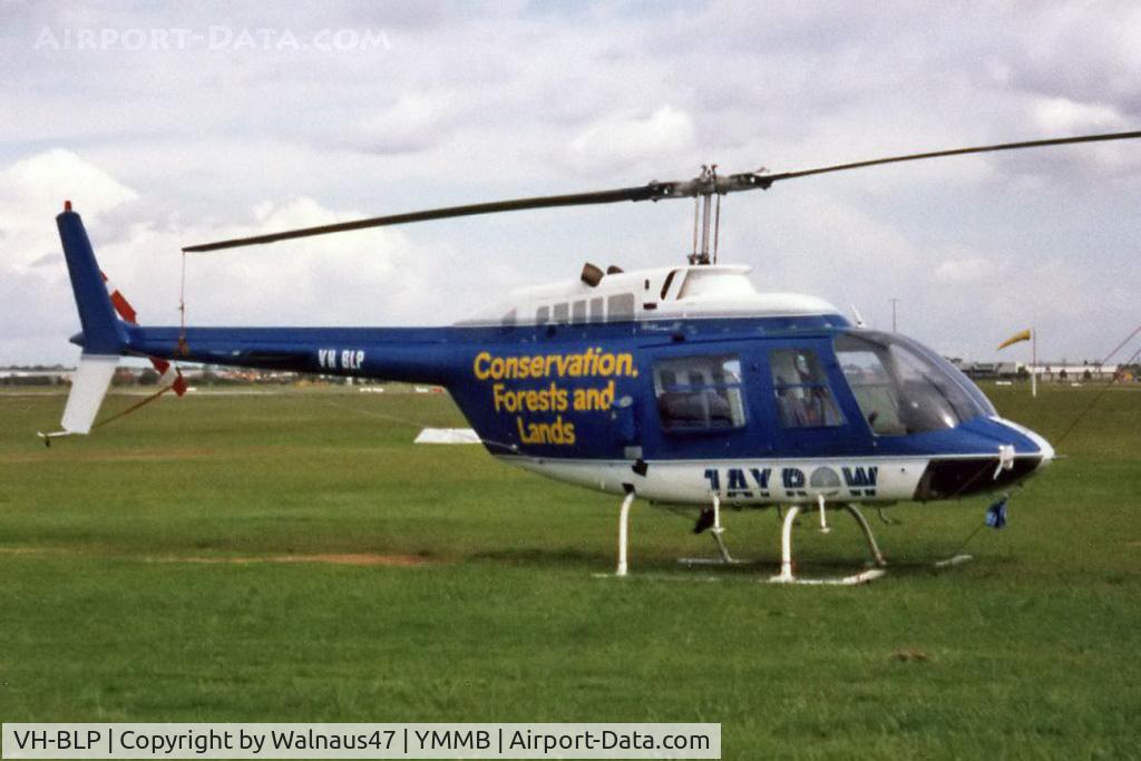 VH-BLP, 1980 Bell 206B JetRanger III C/N 3092, Stbd side view of Jayrow Bell 206B JetRanger II helicopter VH-BLP Cn 3092 at the Jayrow Heli Base at Moorabbin YMMB in 1986. The helo was being operated for the Department of Conservation, Forests and Lands. This helo was still operated by Jayrow in 2008.