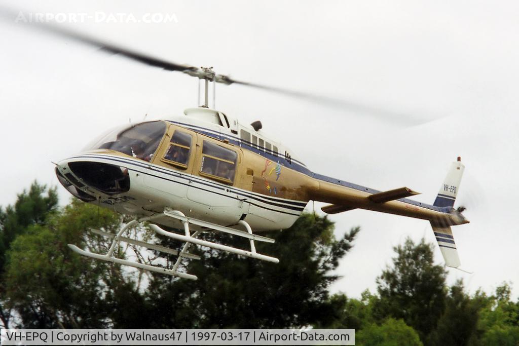 VH-EPQ, 1970 Bell 206B-2 JetRanger II C/N 219, Front Port side of Private Bell 206B-2 JetRanger II VH-EPQ Cn 219 descending near Old Parliament House, Canberra, during Canberra Week festivities on 17Mar1997 - Canberra Day. Several Bell JetRangers flew many 5 min Joyflights during the event that day.