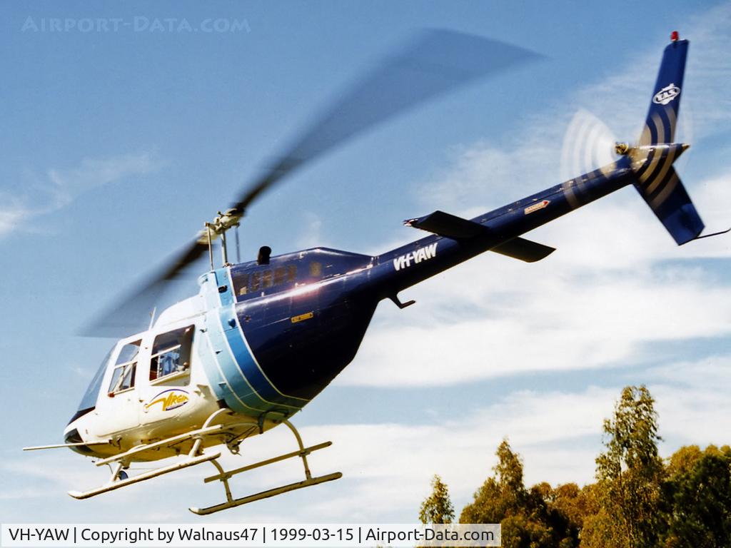 VH-YAW, 1973 Bell 206B Jetranger II C/N 942, Low Res close-cropped rear Port side view of Virgin Helicopters ACT Bell 206B JetRanger VH-YAW Cn 942 departing close to Lake Burley Griffin Canberra during Canberra Week festivities on 15Mar1999 (Canberra Day).