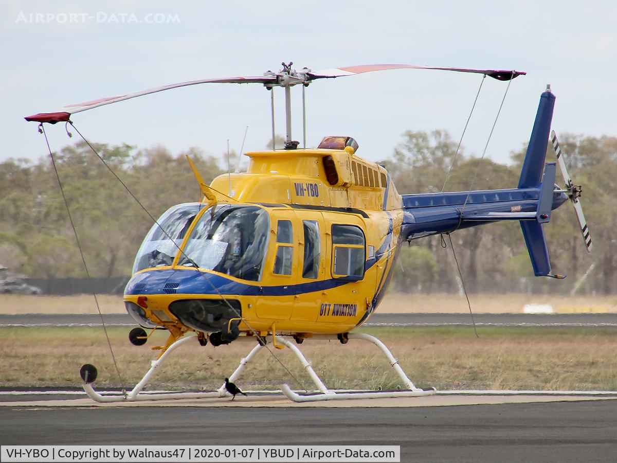 VH-YBO, 1981 Bell 206L-1 LongRanger II LongRanger II C/N 45643, Front Port-side view of McDermott Aviation Bell 206L-1 LongRanger VH-YBO Cn 45643 Parked at Bundaberg Airport YBUD Queensland on 07Jan2020. The helo is not fitted with the spray equipment that it carried at Brisbane three weeks previously.