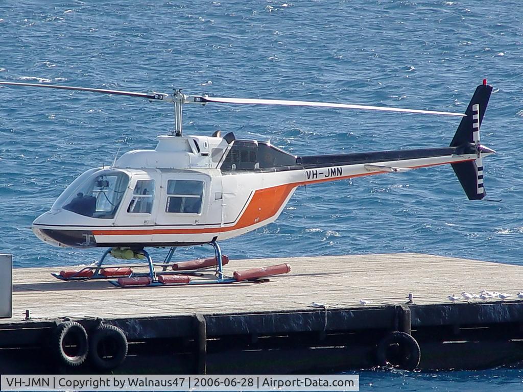 VH-JMN, 1974 Bell 206B JetRanger II C/N 1353, Front Port side view of Bell 206B JetRanger II VH-JMN Cn 1353 on a pontoon in the Great Barrier Reef – off Cairns QLD - on 28Jun2006. The helo is fitted with ‘pop-out floats’ for over-water operations.