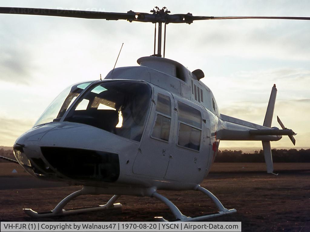 VH-FJR (1), 1970 Bell 206A JetRanger JetRanger C/N 168, Close cropped silhouette view of Bell Helicopter Australia (BHA) white-skin Demonstrator Bell 206A VH-FJR Cn 168. Photo taken just before sunset at Camden Airport, YSCN, on 20Aug1970. The helo was fitted with a Nite-Sun searchlight.