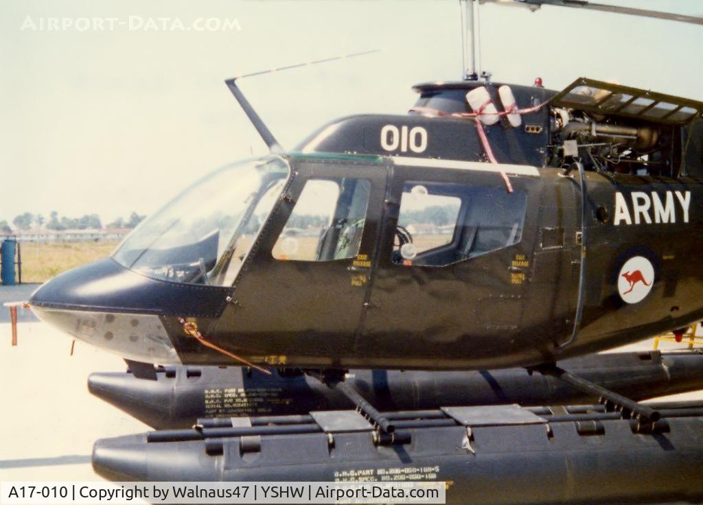 A17-010, Commonwealth CA-32 Kiowa C/N 44510, Low res close-cropped Port side view of Australia Army Bell 206B-1 Kiowa A17-010 Cn 44510 mounted on floats at Holsworthy Army Airfield NSW (YSHW) in Mar 1974. A17-010 was Delivered in early 1972.