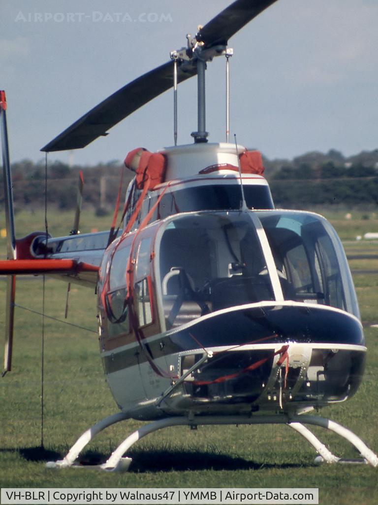 VH-BLR, 1974 Bell 206B JetRanger II C/N 1309, Close-cropped Vertical aspect front view of Jayrow Helicopters Bell 206B JetRanger II VH-BLR Cn 1309 (in red-white-black livery) at Moorabbin YMMB in 1976.