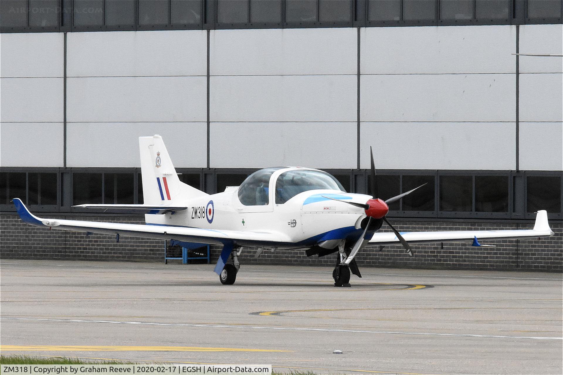 ZM318, 2017 Grob G-120TP-A Prefect T.1 C/N 11143, Parked at Norwich.