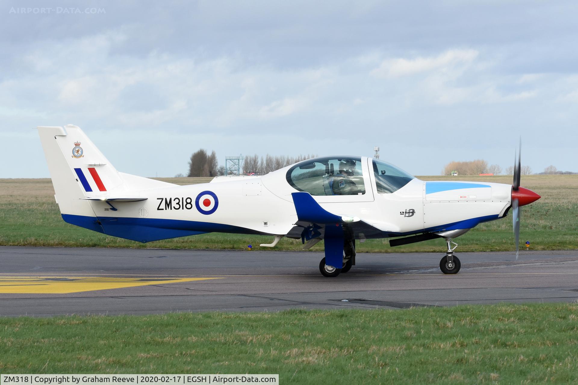 ZM318, 2017 Grob G-120TP-A Prefect T.1 C/N 11143, Departing from Norwich.