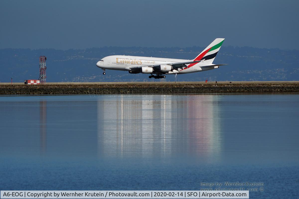 A6-EOG, 2014 Airbus A380-861 C/N 172, Landing at SFO