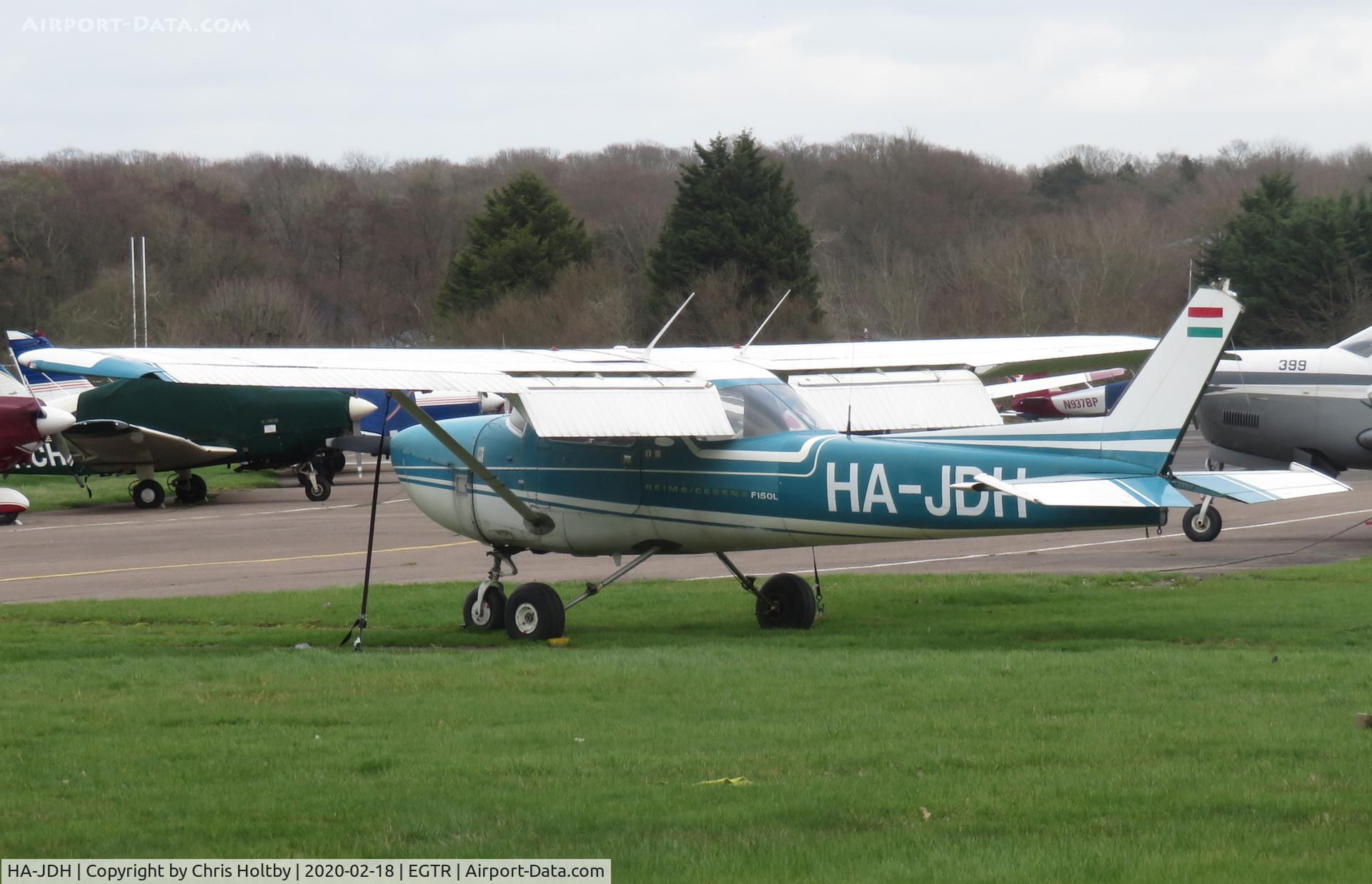 HA-JDH, 1971 Reims 150L C/N 15000734, Parked at Elstree and being buffeted by the stormy weather.