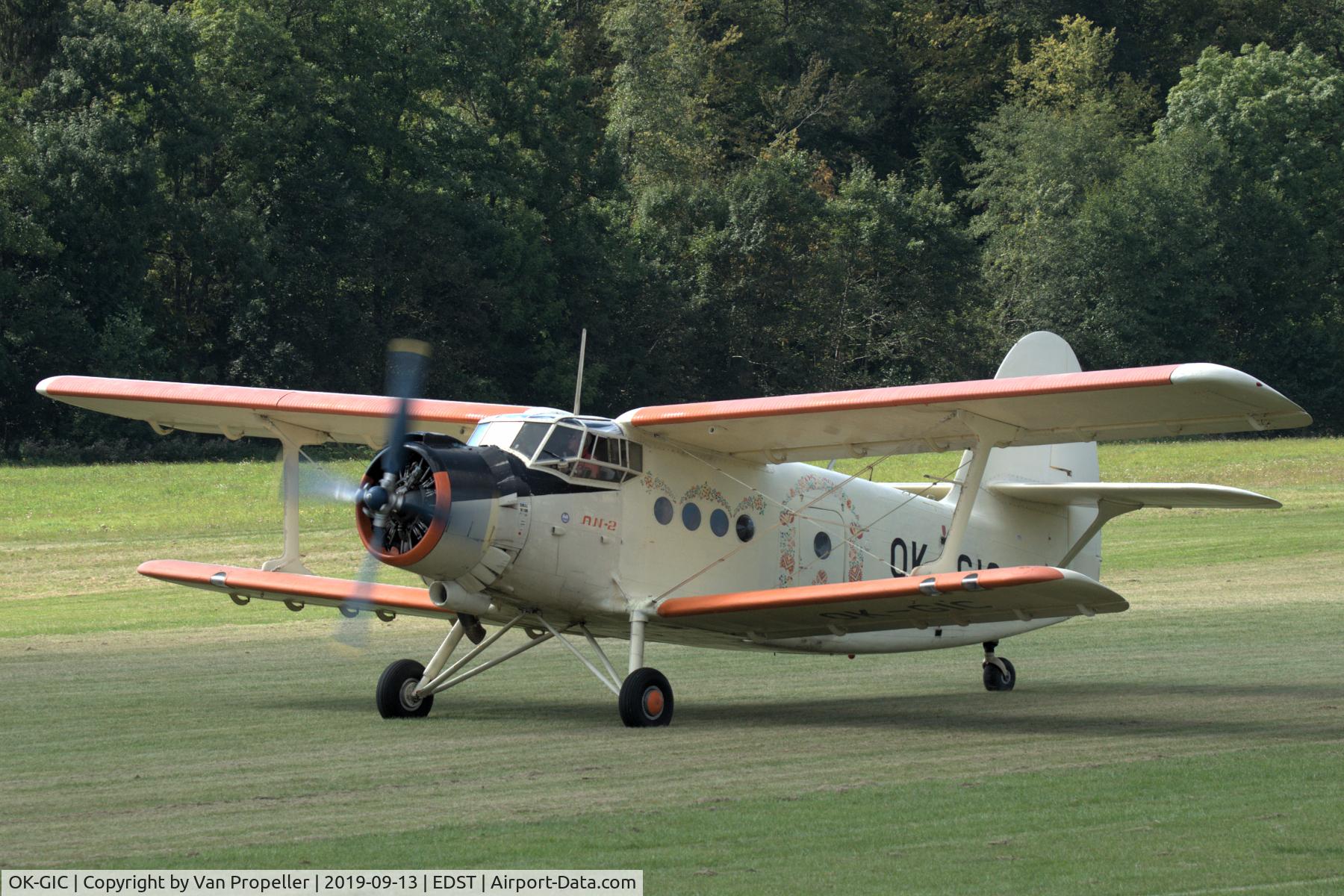 OK-GIC, 1976 Antonov (PZL-Mielec) AN-2T C/N 1G168-03, Antonov (PZL-Mielec) An-2TD taxiing at Hahnweide airfield, Germany. Note the elaborate paint-work on the fuselage! OTT 2019